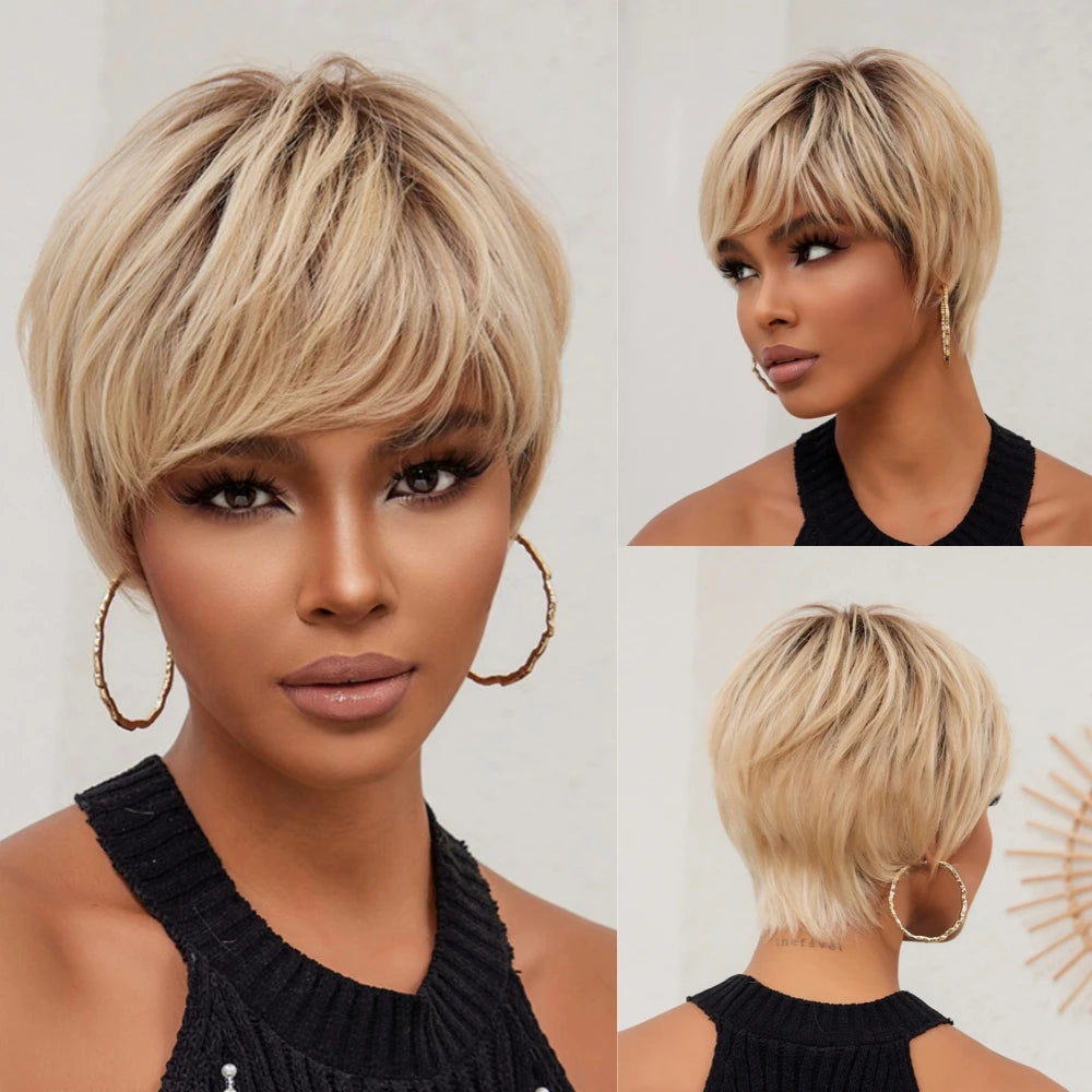 Blonde Human Hair Wigs Dark Root Short Pixie Cut Bob Wigs Machine Made Remy Human Hair Wig for White Women Daily Heat Resistant