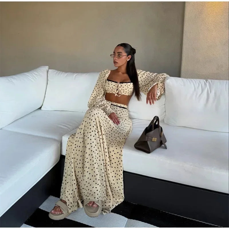 Fashion Women's Polka Dot Long Skirt Set Square Neck Lantern Sleeve Lace Crop Top High Waist A-line Skirts 2026 Summer Lady Suit