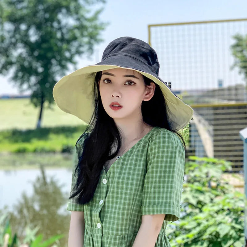 Wide Brim UPF 50+ Sun Hat Women Anti-UV Protection Hiking Fisherman Cap Fold Summer Solid Beach Hat 2024 Double sided Sun hat BAZAARHUBO