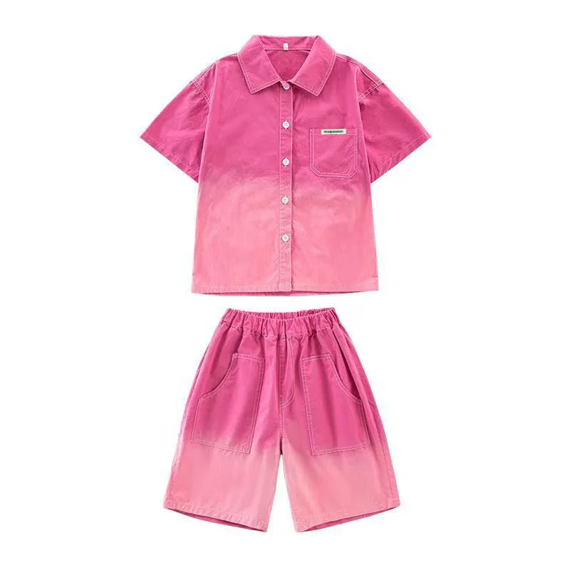 2026 New Boys Fashion Gradient Pink Shirt Shorts Set Loose Fit Casual Kids Two Piece Outfit Breathable Children's Streetwear 3-8