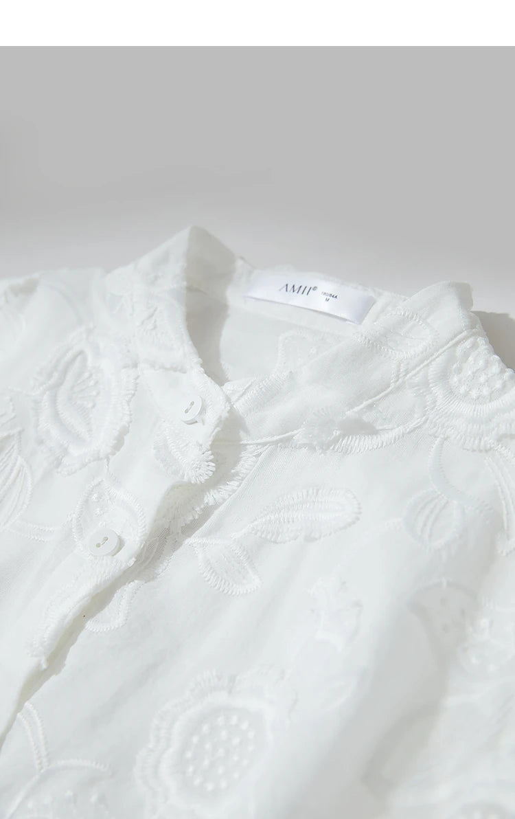 AMII 2025 Autumn New Elegant Embroidery Women's Shirt Stand Collar Wide Shoulder Office Lady Loose Blouses Women Tops 12543066
