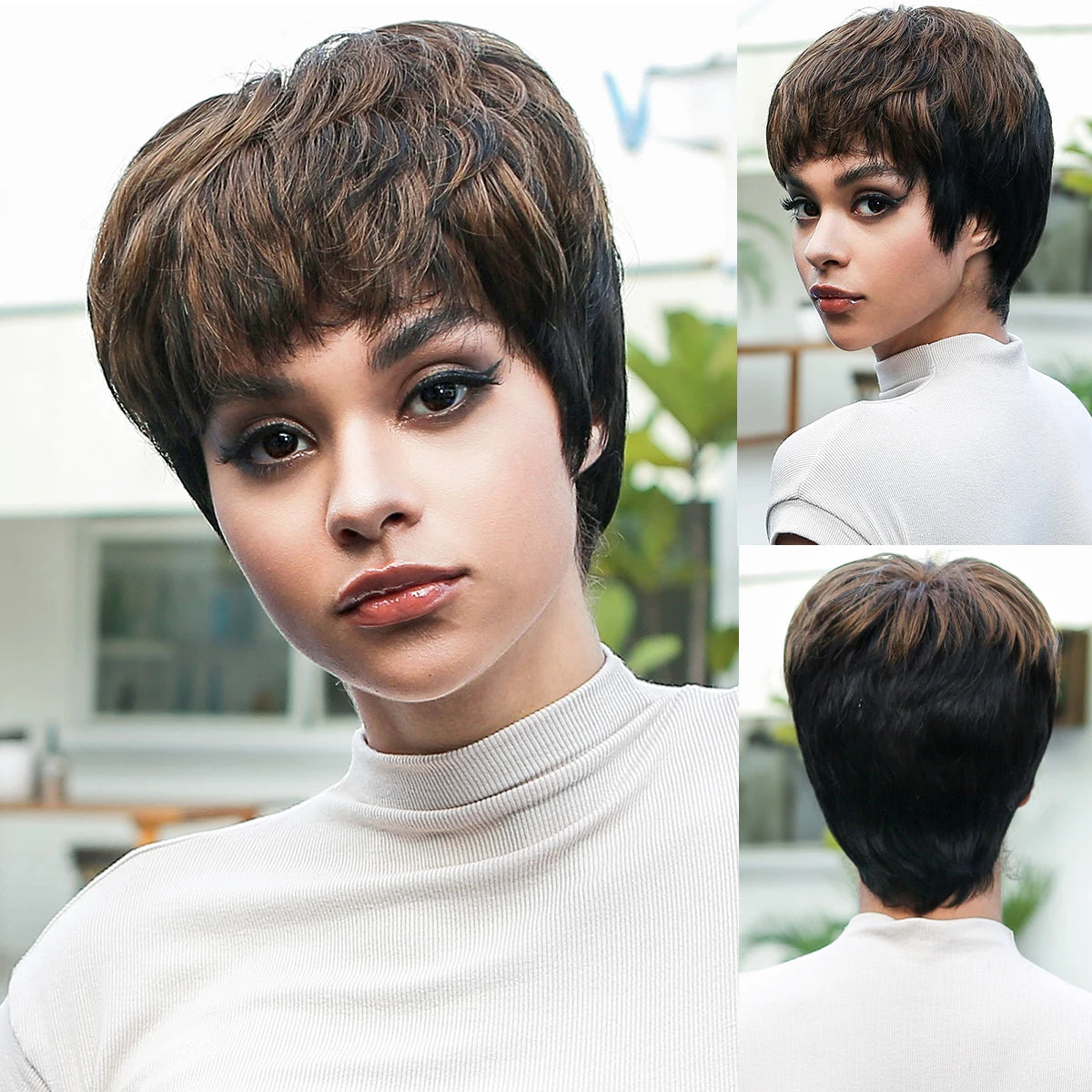 Blonde Human Hair Wigs Dark Root Short Pixie Cut Bob Wigs Machine Made Remy Human Hair Wig for White Women Daily Heat Resistant