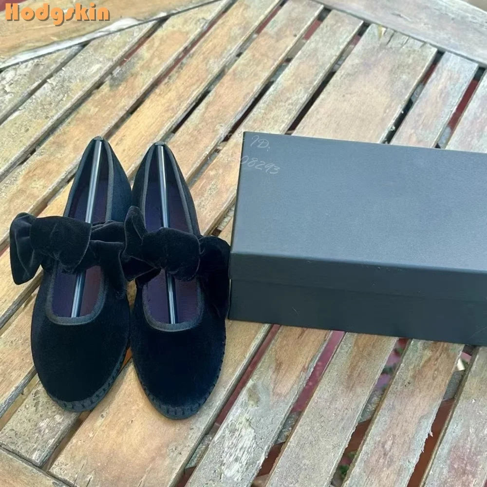 Velvet Bow Flat with Shoes Retro Round Toe Shallow Lace-up Mary Janes Butterfly-knot Daily Shoes Korean Style Design 2025 Women