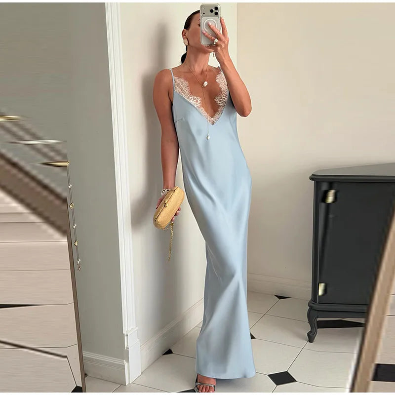 Summer Satin Lace Spliced Long Dress Women V Neck Sleeveless Waist Cinching Strap Dresses 2026 Lady Casual Solid Party Robe