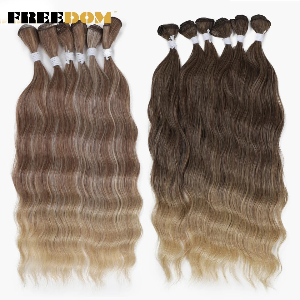 FREEDOM Synthetic Water Wave Hair Bundles 20 inch Synthetic Hair Extensions Ombre Blonde Brown Hair Weave Bundles 6Pcs/Pack