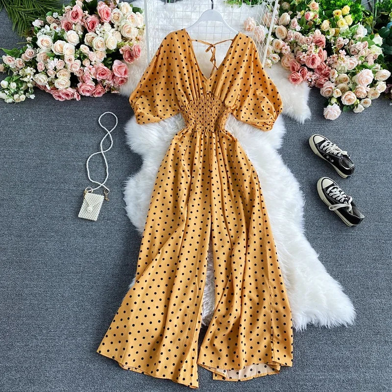 V Neck Sexy Dolman Sleeves Waist Slim Floral Print Jumpsuit Women Wide Leg Trousers Jumpsuit