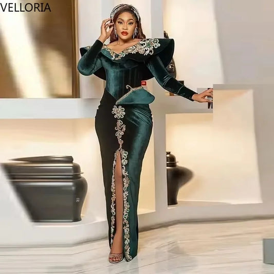 Elegant African Women  Green Evening Dress Front Slit Lace Beads Long Sleeves Party Gown Ball Gown Vestdos De Fiesta Customized