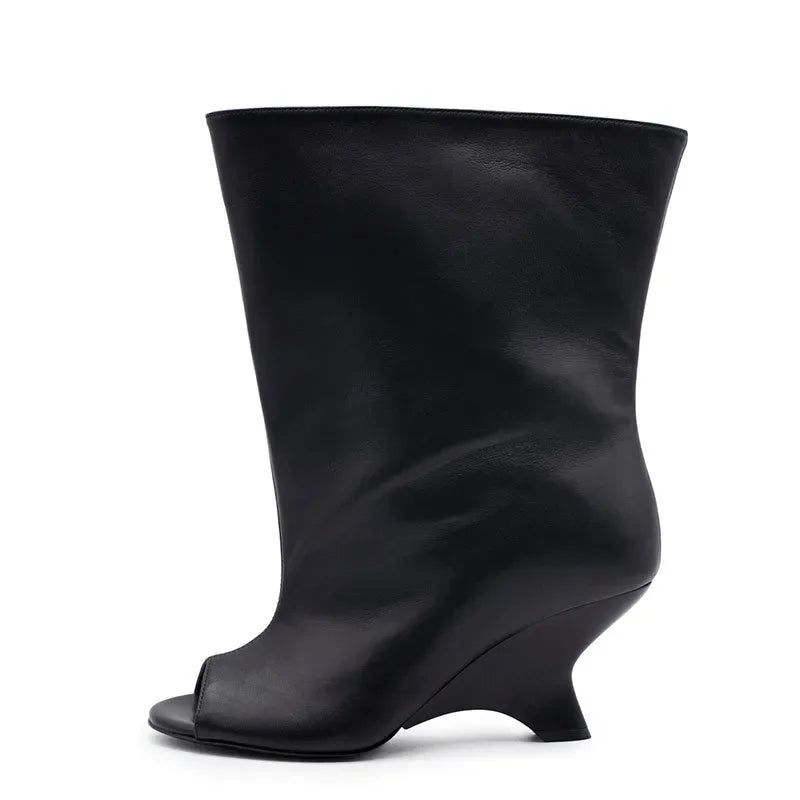 2025 European AndAmerican Nichedesign Versatileopen Toe Long Tube Cool Boots for Women, Crocodile Patterned Irregular High Heels