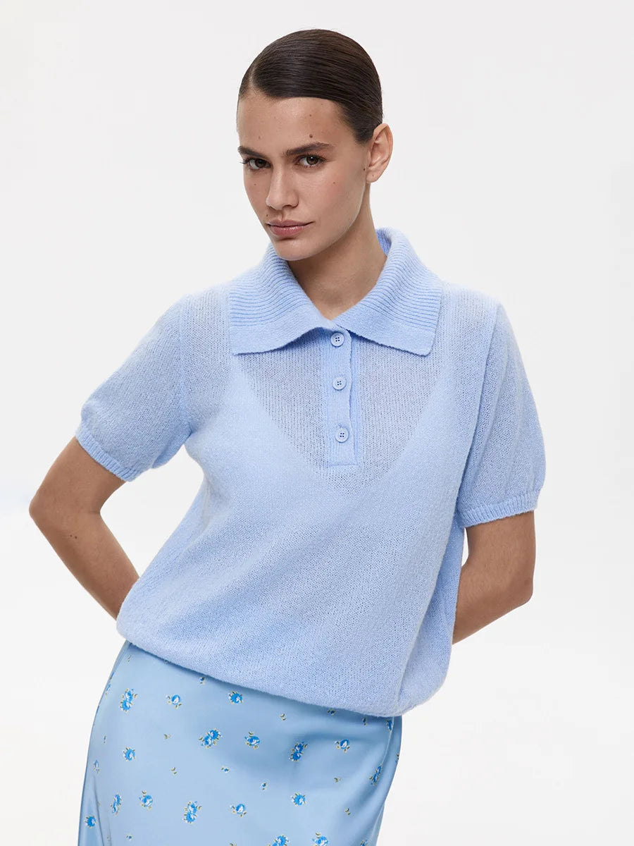 Bronladies Women's Polo Hollow Knitted Short Sleeved Sweater Spring Summer Bubble Sleeve T-shirt Female Simple Knitted Sweater