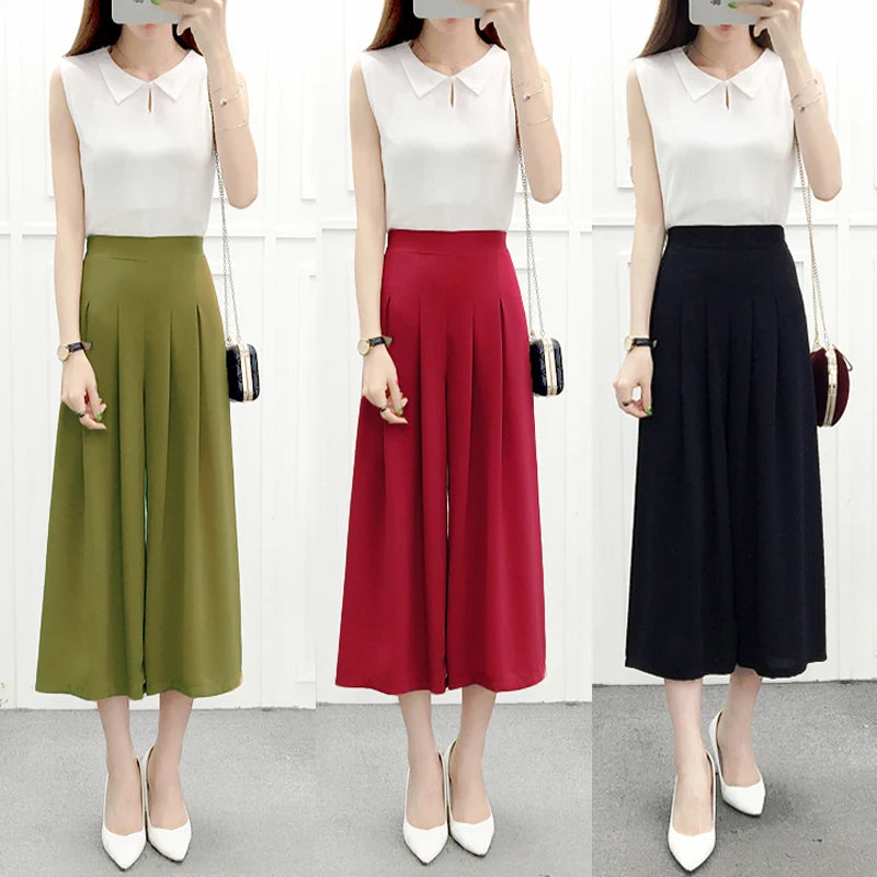 High Waist Wide Leg Pants Skirt Pants Chiffon Cotton Linen Seven Eighteen Length Trendy Women's Casual Trousers Commute Style