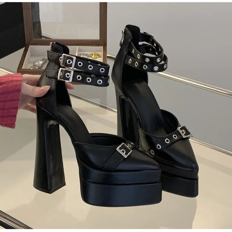 Runway style 15cm Ultra High heels Platform Wedges Women Pumps Fashion Rivet Ankle Strap Thick Heeled Spring Summer Chunky Shoes