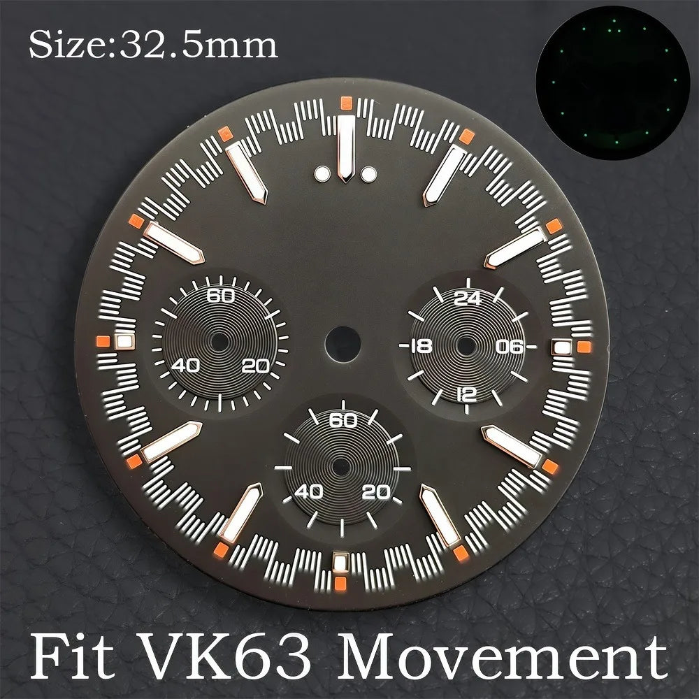 32.5MM Dial Fit VK63 Movement Green Luminous Dial Hands Men's Watches Part VK63 Watch Accessories Maintenance Tools