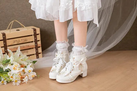 Lolita Great Quality Block High Heels Women Ankle Boots White Shoes Lace Decor Lace Up Chunky Heeled Bow Boots for Women Verclo