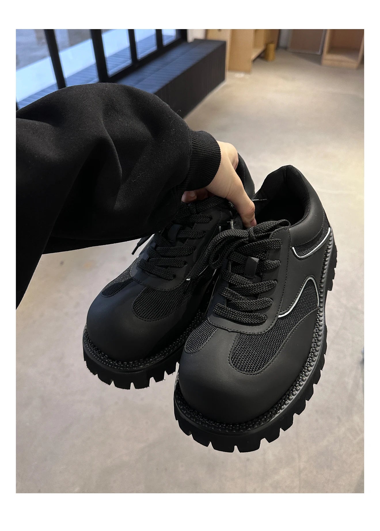 Sports leather shoes for men lightweight mesh splicing genuine leather black thick sole height increasing big head work shoes