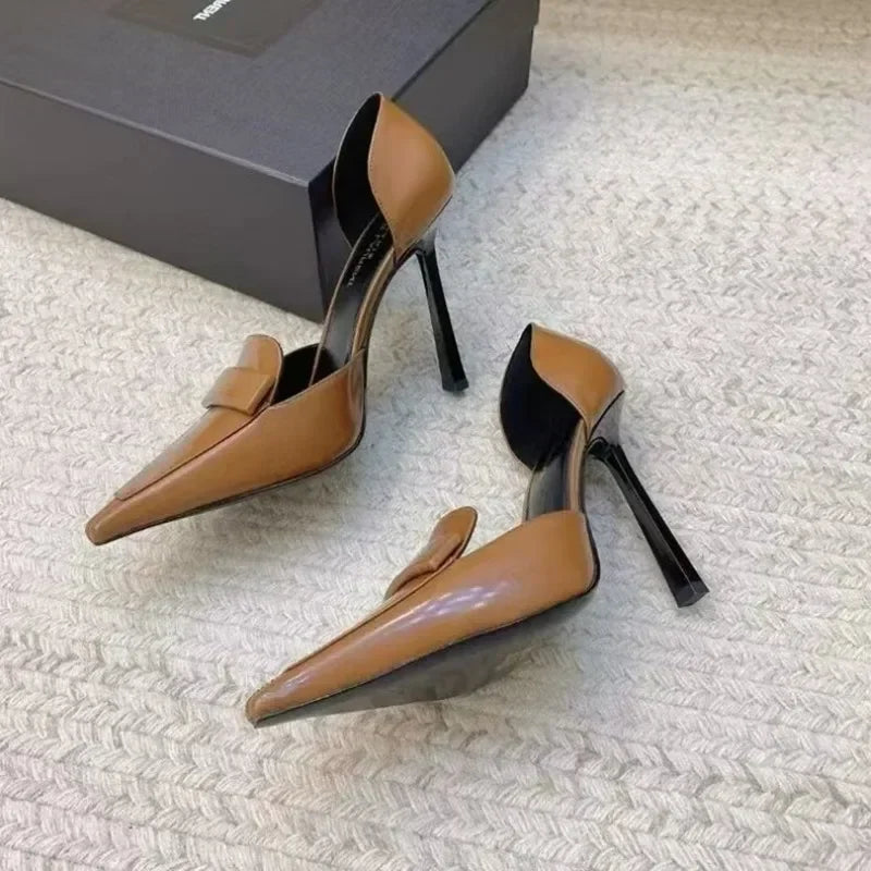 10cm Metal Blade Pointed Toe Stiletto Heels Pumps Coffee Brown Retro Fashion Dress Shoes Woman Thin High Heels Designer