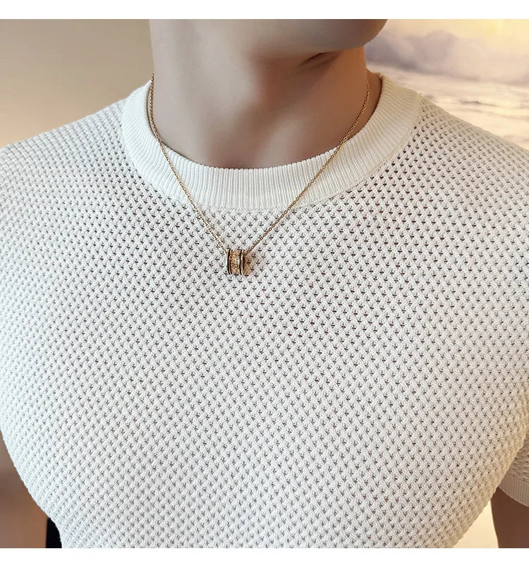 Summer Breathable T-Shirts For Men Korean Luxury Clothing O-Neck Short Sleeve Knitted Men's T Shirt Fashion Hollow Tops&Tees 3XL