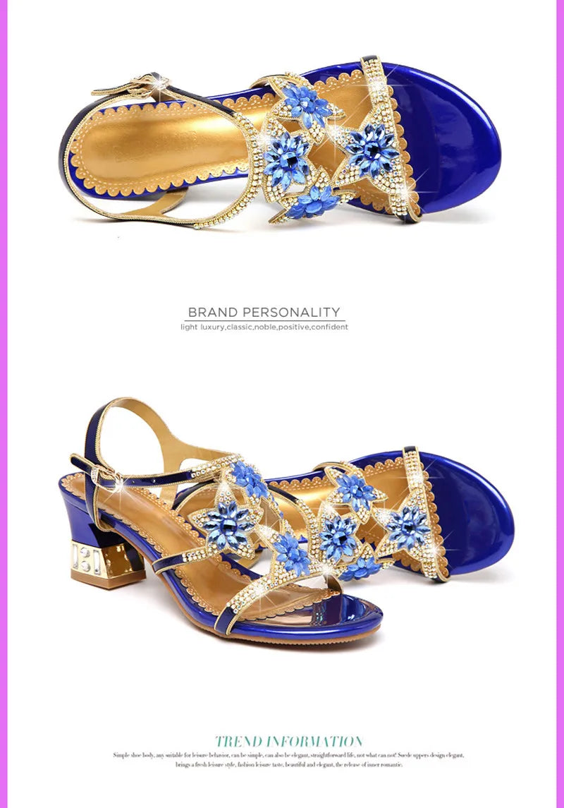 Comemore Ladies Low Block Heel Women's Sandal with Diamonds Outdoor Beach Shoes New Fashion Heeled Sandals High Heels Luxury 33