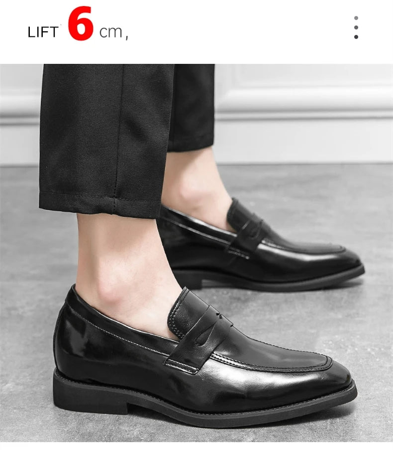 New Men Leather Shoes Height Elevator Shoes For Men Luxury Dress Shoes Slip On Business Comfortable Increase 6cm Wedding Loafers