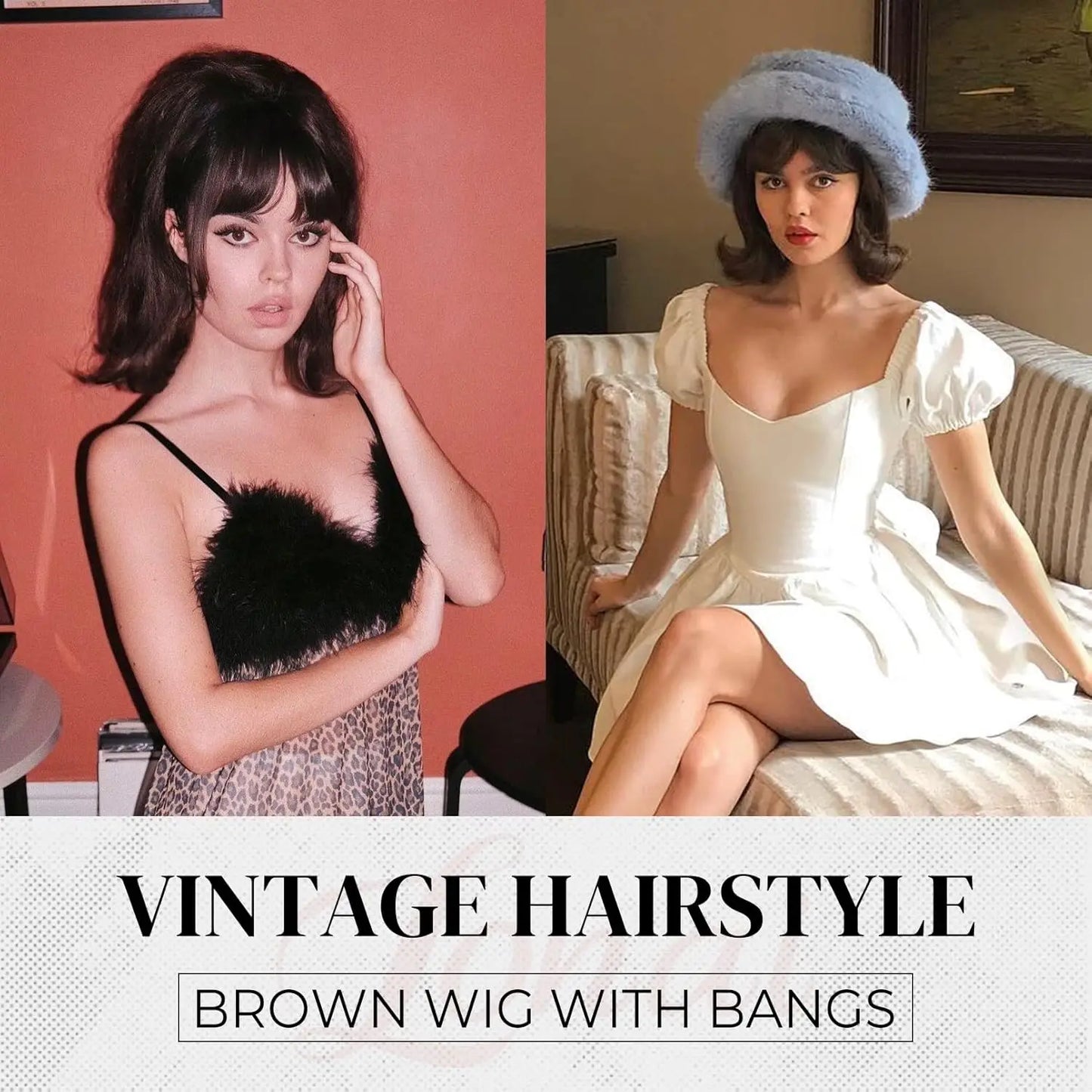 Retro Brown Wig 50S 60S 70S Ladies with Bangs Wig Halloween Costume Party Synthetic Hair