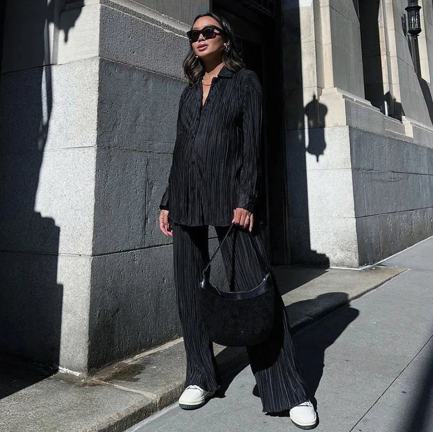 New Two Piece Set Women Outfits Pleated Women's Elegant  Drape Loose Sets Shirt High Waist Trousers Female Suit Fashion Casual
