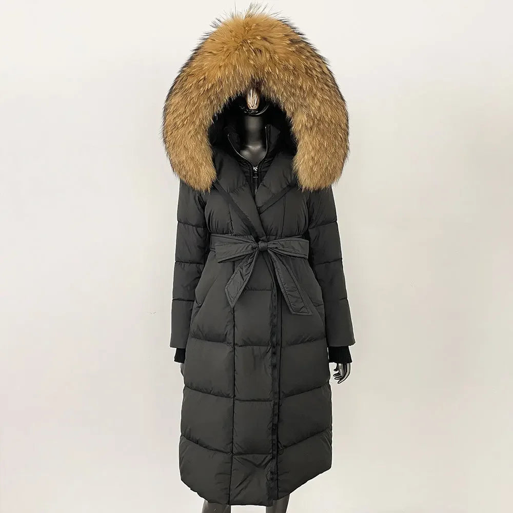 Down Jacket Women Winter Real Natural Fox Fur Hooded Detachable Collar Belt White Goose Down Coat Long Casual Elegant Overwears