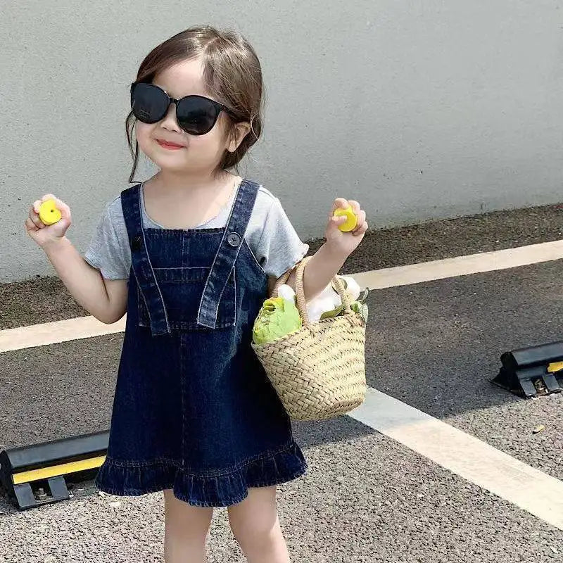 Summer Girls' Clothing Sets Casual Style Pocket Denim Suspender Dress +Short Sleeve 2Pcs Baby Kids Children Clothes Suit