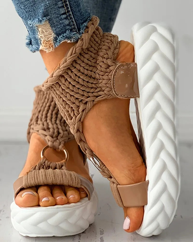Sandals Women's Braided Knit O-Ring Cutout Platform Summer Gladiator Sandals Shoes Thick Heels Ladies White Sandalias Casual