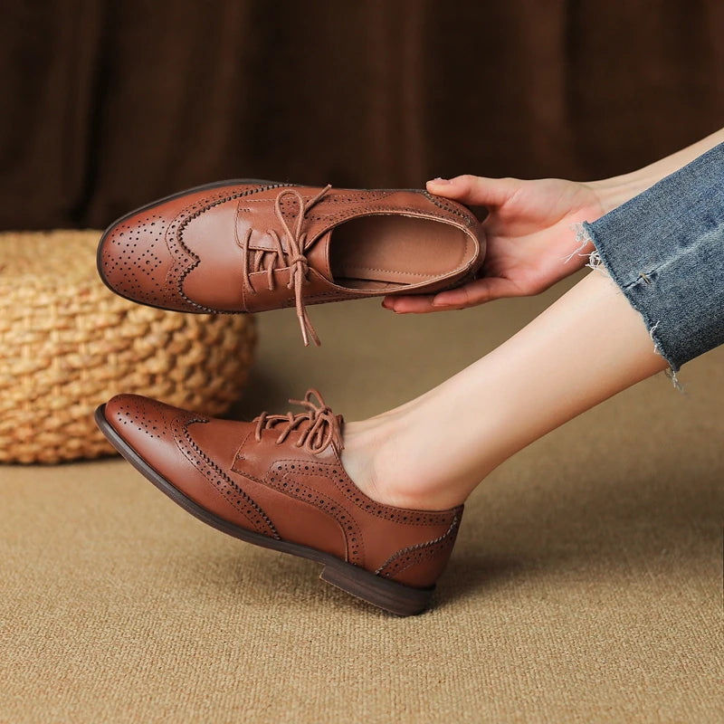 Women's New Round Head Burnt Flower Inner and Outer Leather Cowhide Lace up Large Low Heel Block Oxford Shoes