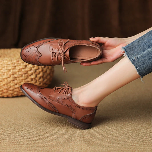 Women's New Round Head Burnt Flower Inner and Outer Leather Cowhide Lace up Large Low Heel Block Oxford Shoes