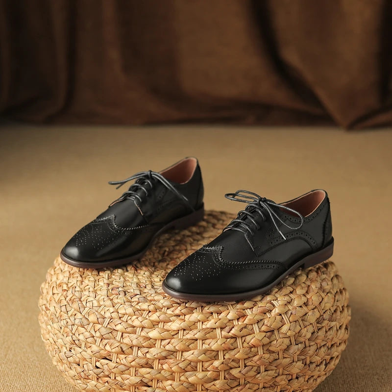 Women's New Round Head Burnt Flower Inner and Outer Leather Cowhide Lace up Large Low Heel Block Oxford Shoes