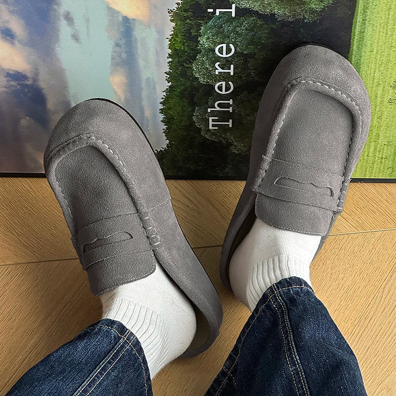 Suede Leather Open Back Casual Shoes Mules Men Backless Loafers Slippers Half Shoes Slip On Flats Vintage Man Slides Sandals