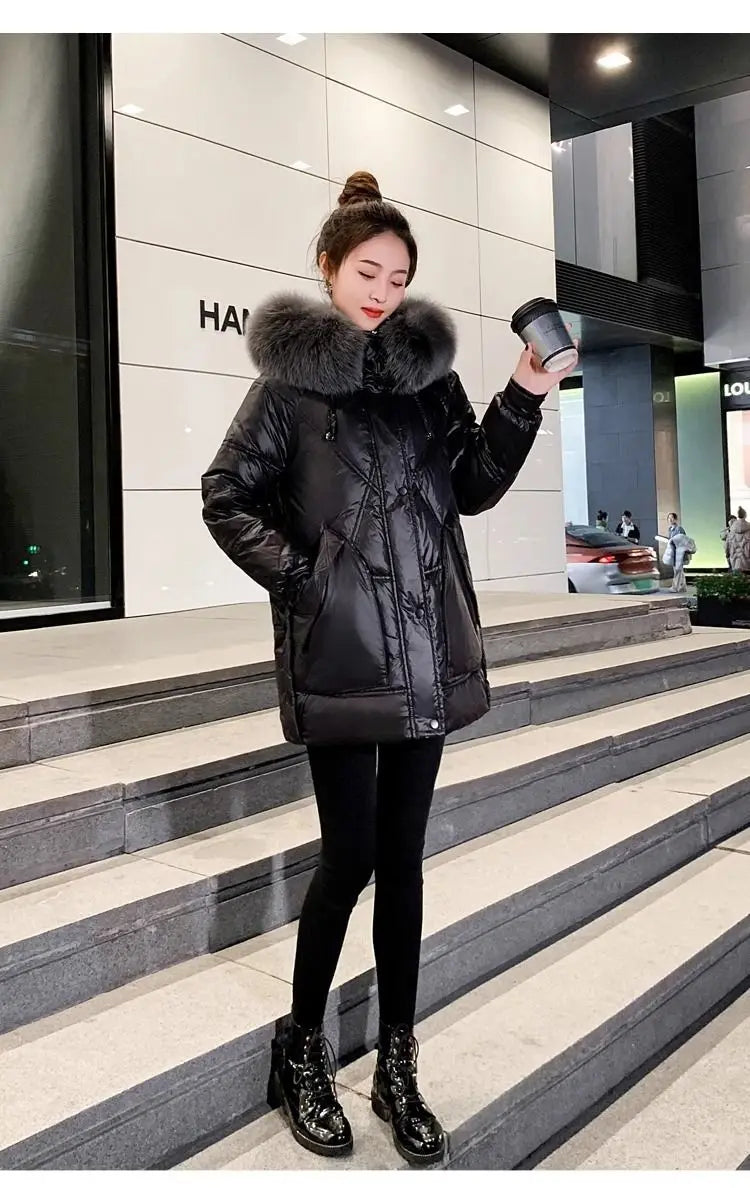Black Down cotton Jacket Women's 2025 New Korean version Thick fur collar Loose Wash free Winter Coat Female Warm Parka Overcoat