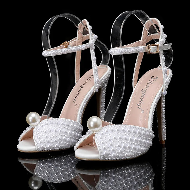 Maogu Women Sandals Fashion High Quality Wedding Shoes Women New Pearls Studs Luxury Peep Toe High Heels Buckle Woman Sandal 43
