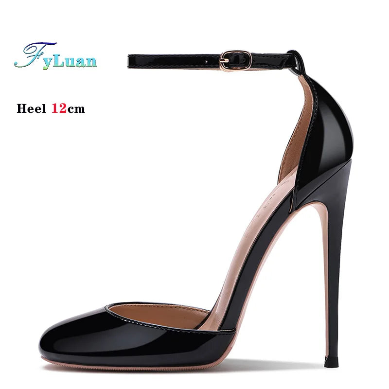 Black Patent Leather Women Ankle Strap Stiletto Pumps 10cm 12cm Professional High Heels Pointed Toe Sexy Summer Buckle Sandals