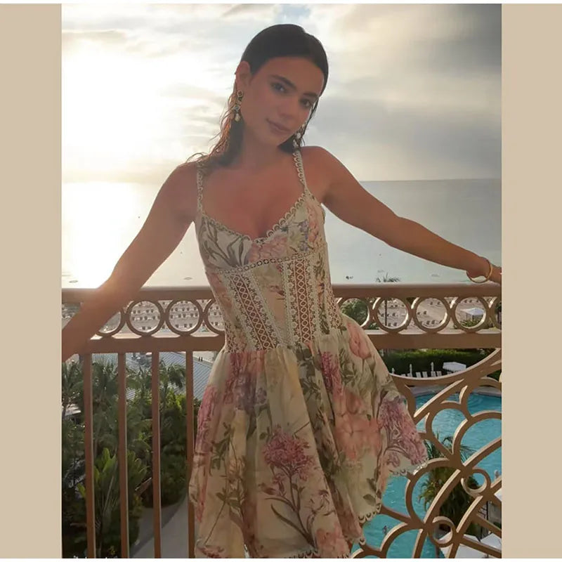 Floral Print Women's Dress Elegant Spaghetti Strap Lace Trim Hollow Out Flowy A Line Dress Lady 2026 Summer New Woman Vestidos