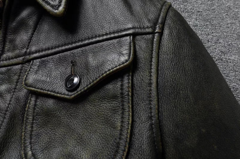 American Leather Jacket Men's Motorcycle Jacket Retro Distressed Graphite Olive Green Slim Lapel Jacket New Style