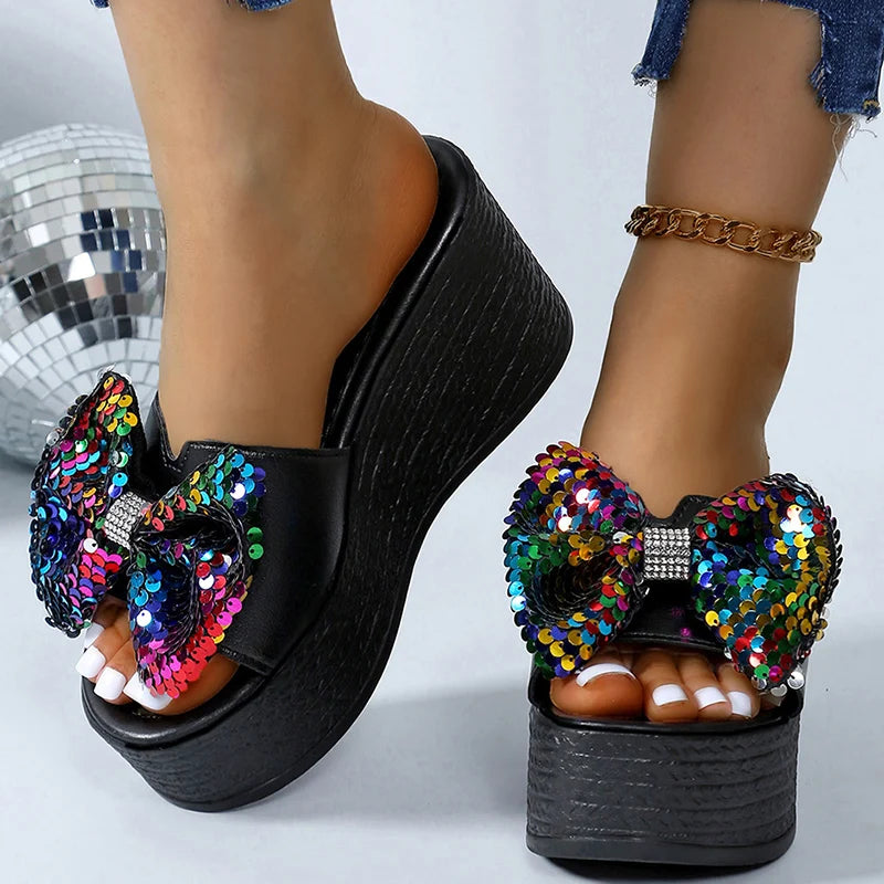 Chunky Platform Colorful Glitter Sandals Women Summer 2025 Super High Heels Big Bowtie Slides Woman Thick Bottom Slippers Shoes