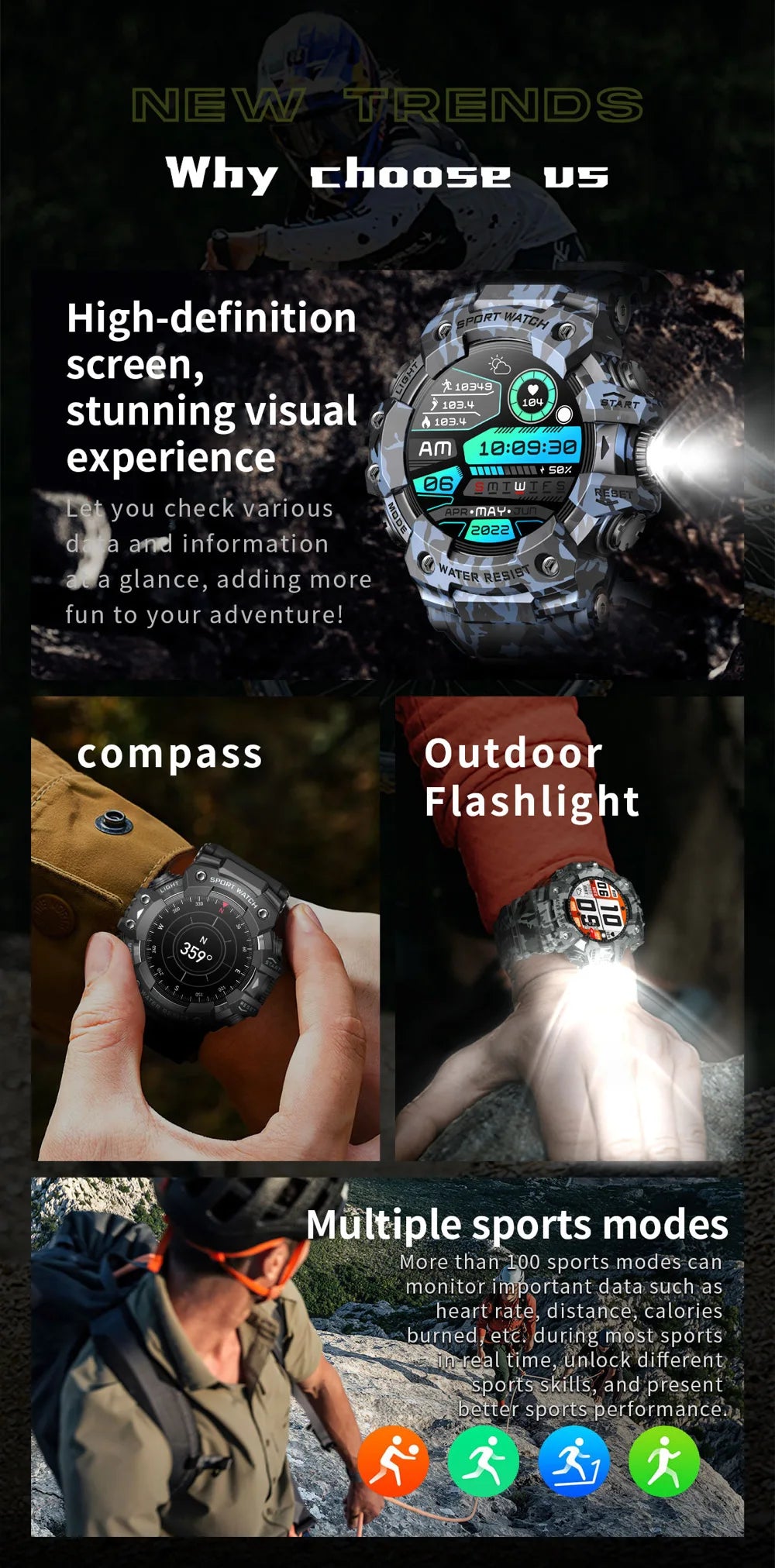 Outdoor Sports Smart Watches Men Blue Tooth Call Smartwatch Compass Waterproof Sleep Health Monitoring Message Push Flashlight