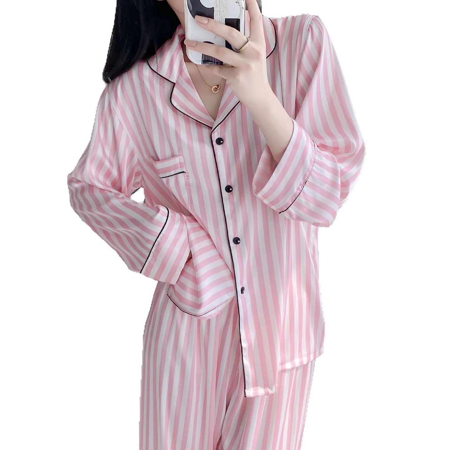 Silky Satin Pajama For Women Striped 2PCS Sleep Set Homewear 2025 Spring New Long Sleeve Trouser Suits Loungewear Nightwear