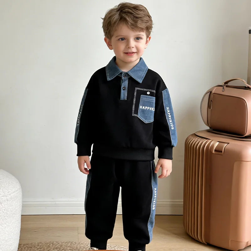 2026 Toddler Boys Clothes Set Spring Autumn Polo Collar Long Sleeve Sweatshirt Pants 2 Piece Outfits Kids Boys Casual Tracksuit BAZAARHUBO