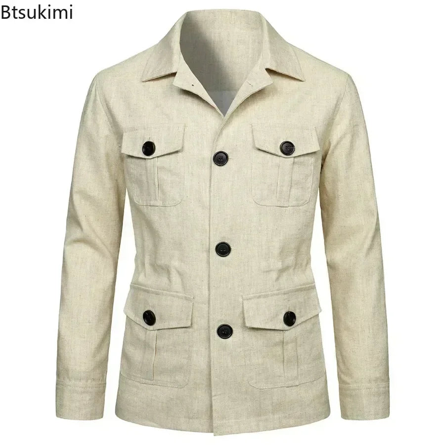 2026 British Style Men's Linen Safari Jackets Fashion Vintage Multi Pockets Cargo Jacket Streetwear Gentry Casual Outerwear Male