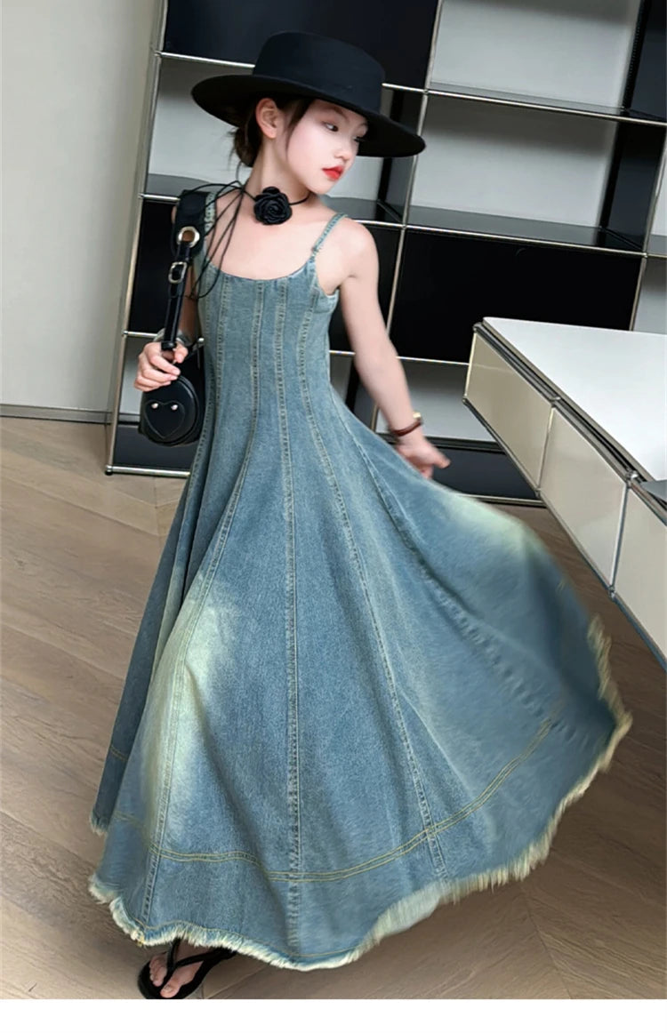 Kids Luxury Clothing Summer Denim Dress with Straps for Teenage Girls High Fashion Streetwear Outfit Children Casual Jeans Dress