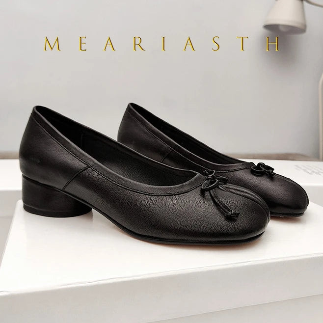 Slip-On Cylindrical Heel Tabi Pumps Bowknot Split Toe High Heels for Women Handmade Multi-Color Novelty Design Leather Shoes New
