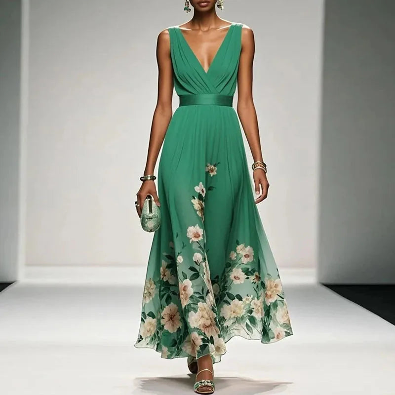 New Fashion Party Dresses Summer Women's Sexy Deep V Neck Floral Print Ruffle Sleeveless High Waist A Line Beach Dress Vestidos