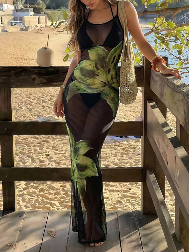 Women Casual Sleeveless Beach Cover Up 2026 Sexy Swimsuit Bikini 3 Piece Outfits Elegant Pattern Printed Slim Fit Swimwear Sets