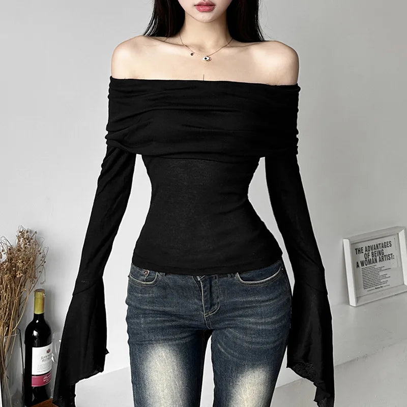 Y2k Aesthetic Women Translucence Tee Shirts Slash Neck Long Sleeve Solid Casual T-Shirts Vintage Off Shoulder Sexy Cute Tshirts