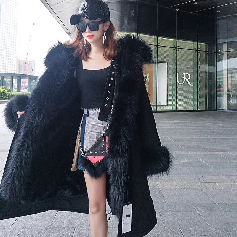 Maomaokong Winter Woman Natural Fur Overcoat Plus Size Black Parkas Raccoon Real Fur Lining Extra Larg Warm Jacket Coats Long