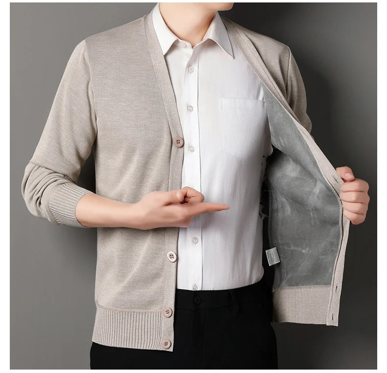 Mens Autumn Clothes Fleece Cardigan Jacket Knitted Sweater Outwear V-neck Fashion Cardigans Warm Men's Top
