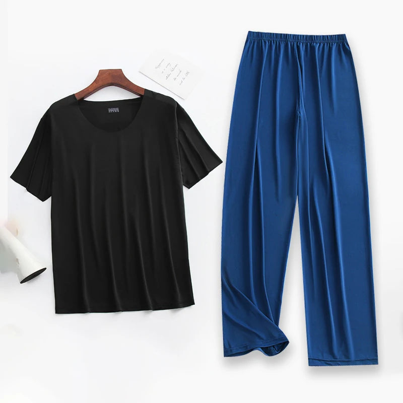 2Pcs/set Mens Ice Silk Short Sleeves T-Shirt & Long Pants Cool Thin Sleepwear Male Summer Pyjamas Home Clothing Nightwear Suit