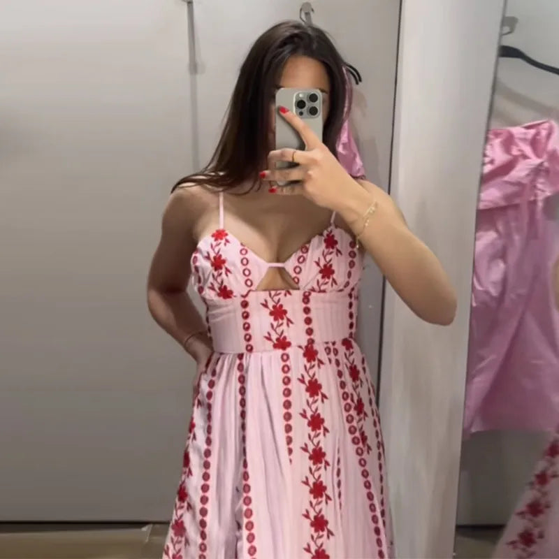 Fashion Women's Dress Halter Sleeveless Hollow Out Print Female Dresses 2026 Summer Vacation Holiday Beach Chic Sexy Lady Robe
